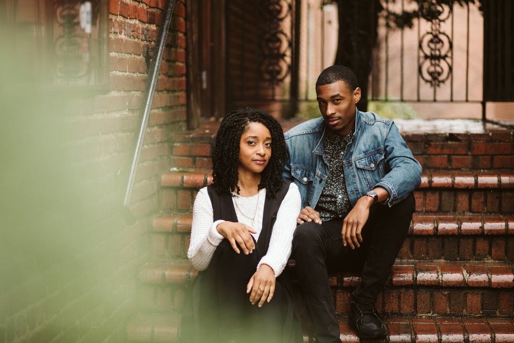  engagement photos with couple on brick stairs 