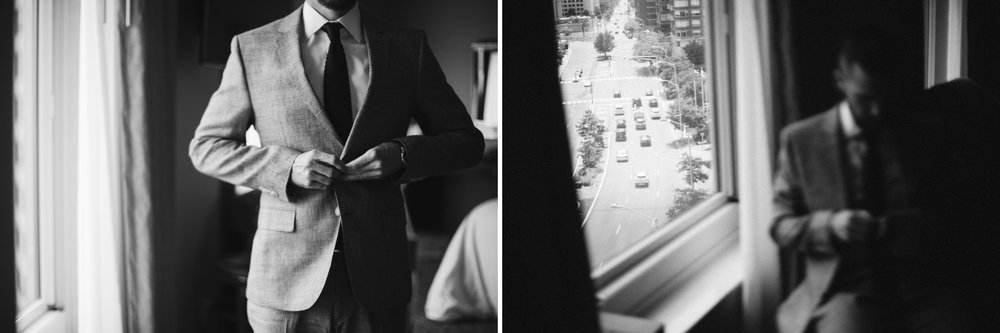  A black and white image of the groom getting ready at this Battello Wedding in Jersey City, NJ 