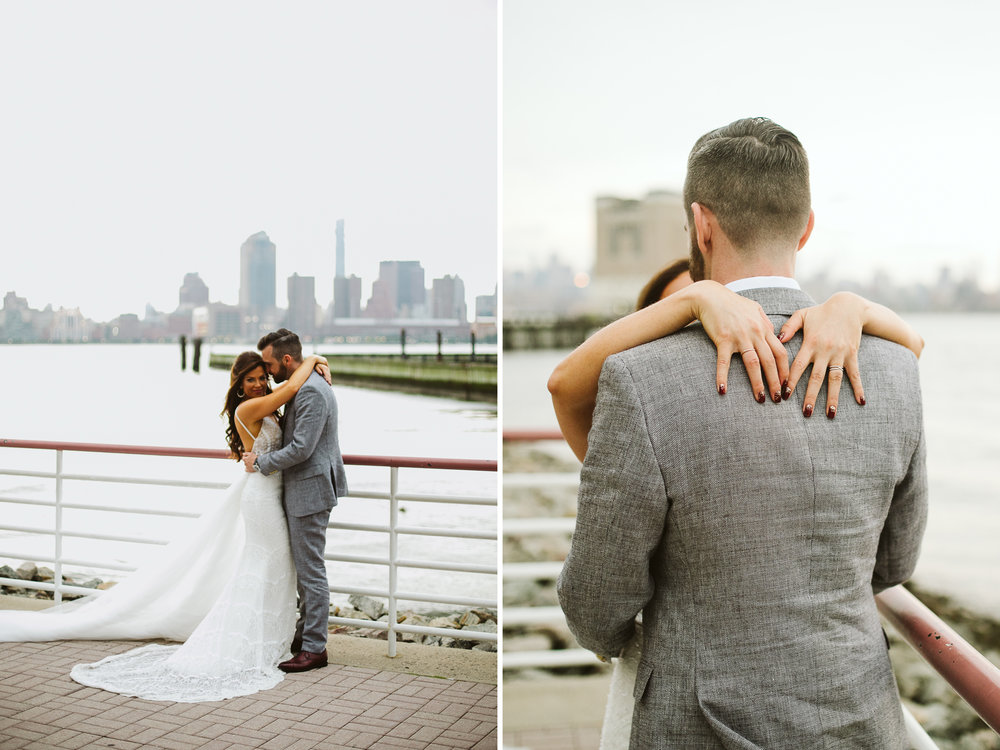  The bride and groom portraits with NYC and the bay behind them at this Battello Wedding in Jersey City, NJ 