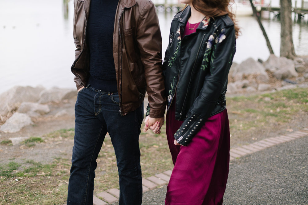  A leather jacket and maroon dress at this DC Area Engagement Shoot - Alexandria, VA 