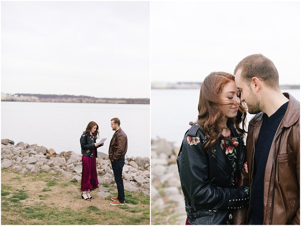  A leather jacket and maroon dress on the water’s edge at this DC Area Engagement Shoot - Alexandria, VA 
