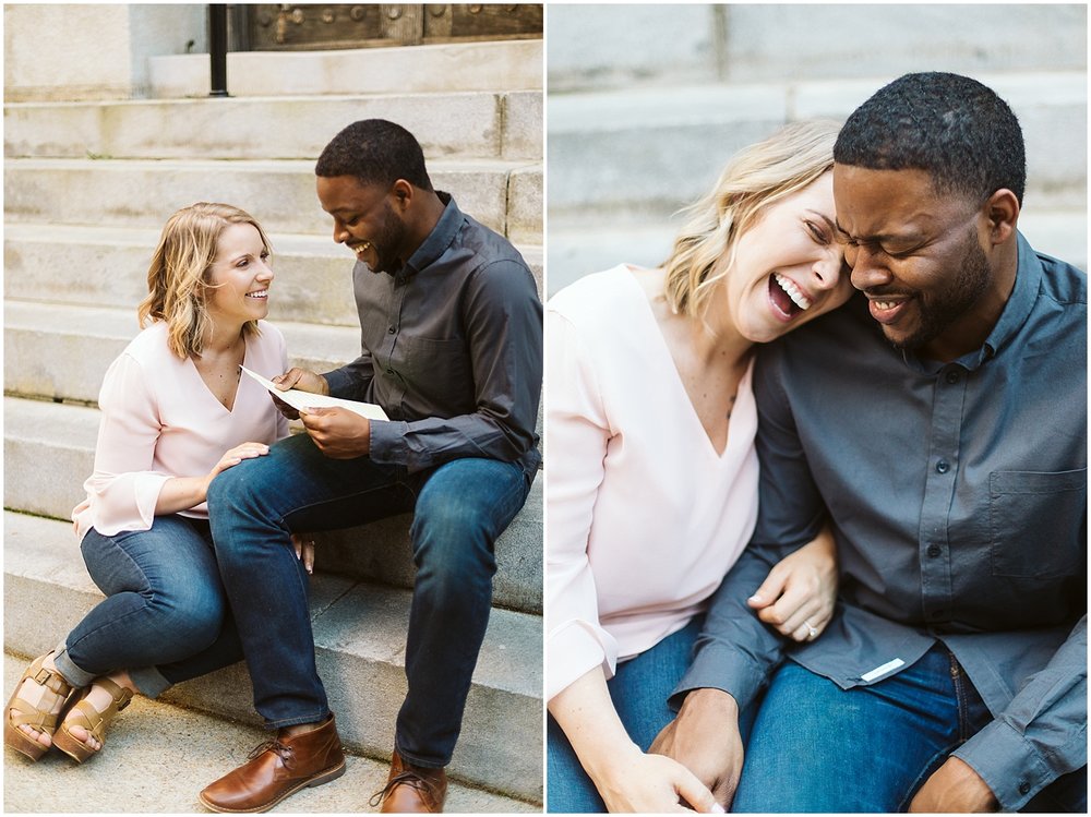  couple reading letters during engagement shoot 