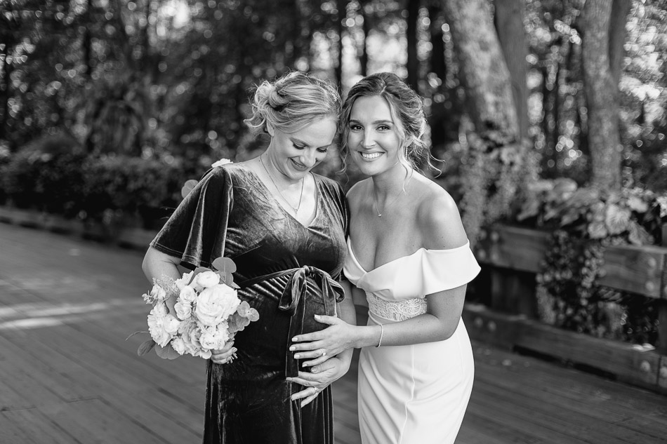 black and white photos of bride and bridesmaids at clubhouse at baywood delaware wedding