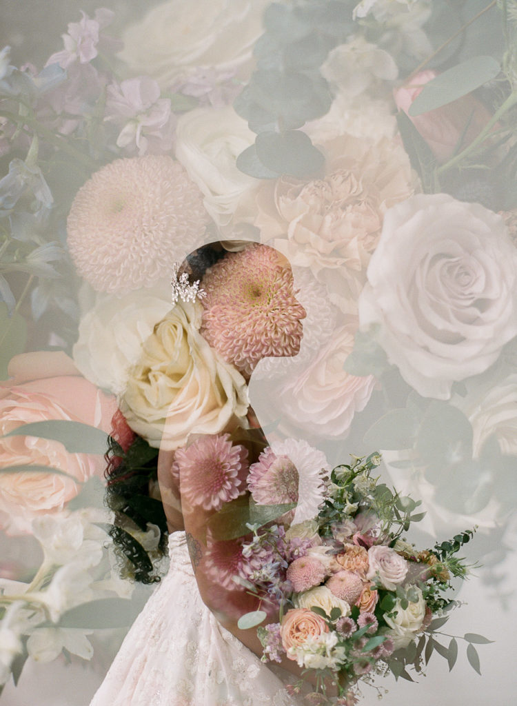 double exposure on film of flowers and black bride