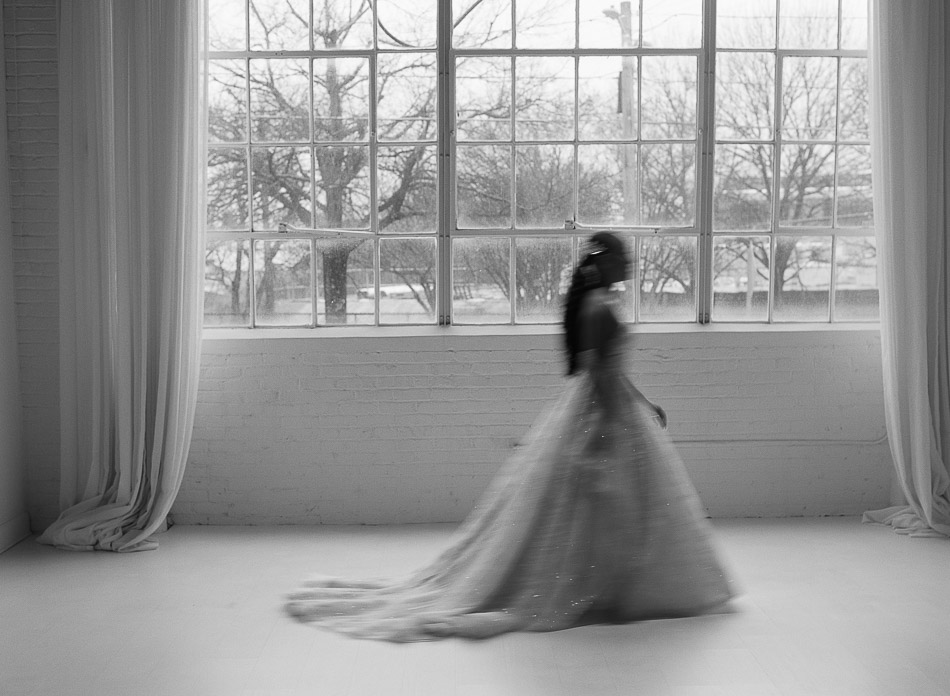 black and white blurred photo of bride during winter wedding at summerour