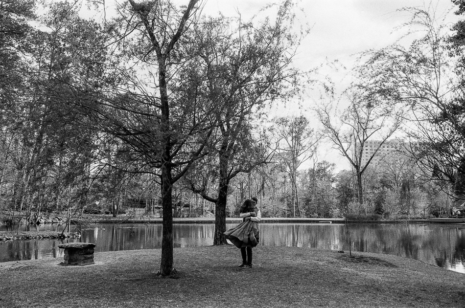 black and white film photo of atlanta duck pond engagement session